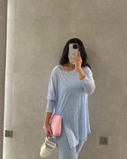 pastel blue wrap top